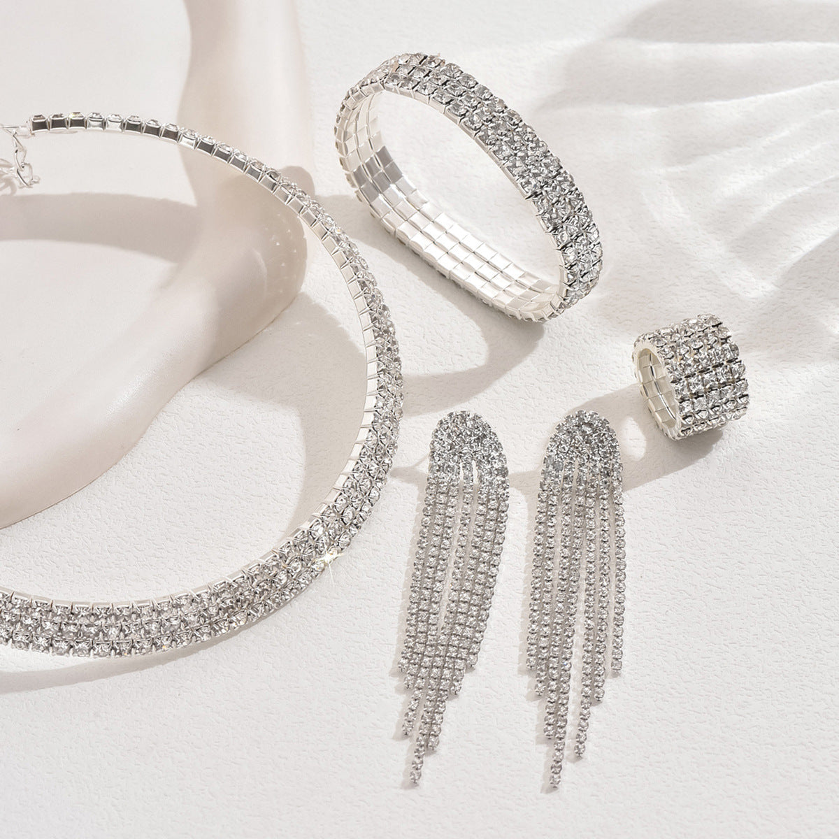 Rhinestone Tassel Stretch Bridal Formal Dress Jewelry Set