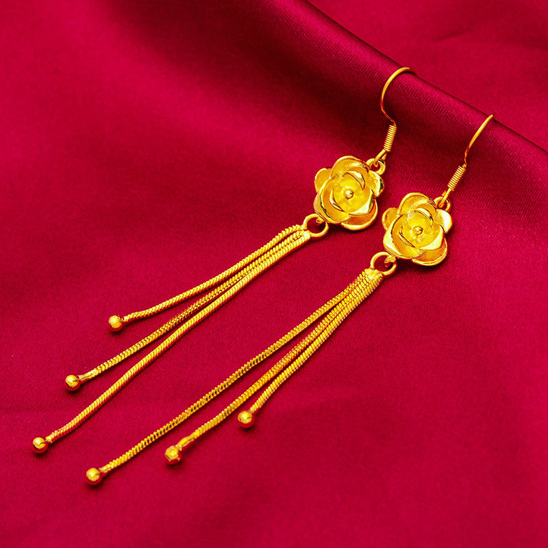 Women's Long Fringe Elegant Vietnam Placer Gold Earrings