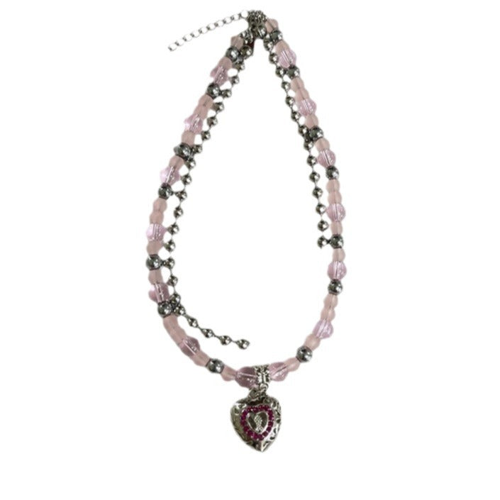 Pink Black Layered Steel Ball Diamond Love Clavicle Chain Double Necklace