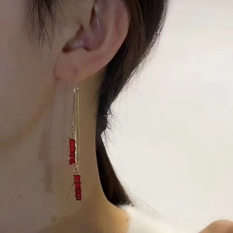 Long Style Green Bamboo Joint Female Tassel Niche Earrings