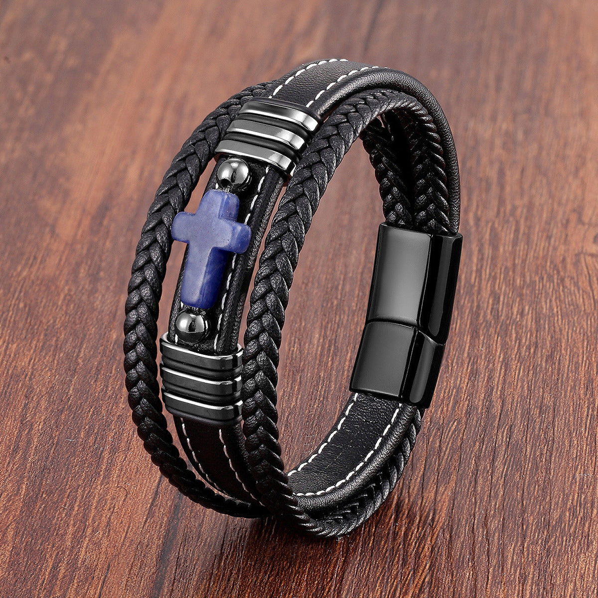 Men's Woven Leather Vintage Stone Cross Stainless Steel Bracelet