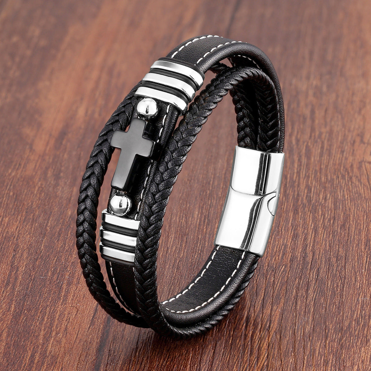 Men's Woven Leather Vintage Stone Cross Stainless Steel Bracelet