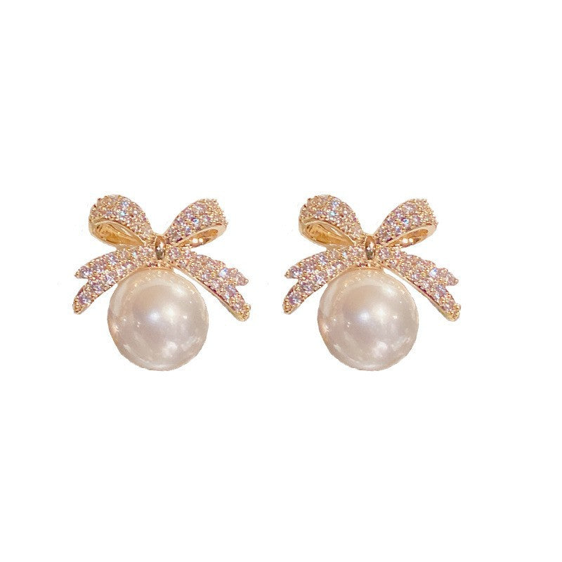 Women's Exquisite Micro Inlaid Zircon Bowknot Pearl Fashion Stud Earrings