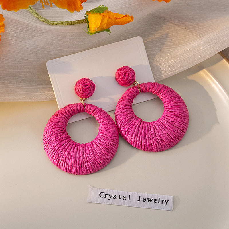 Women's Style Round Colorful Raffia Woven Hollowed Earrings
