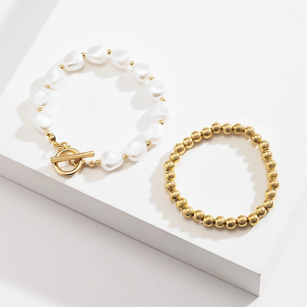 Punk Metal Pearl Double Layer Stack Bracelets