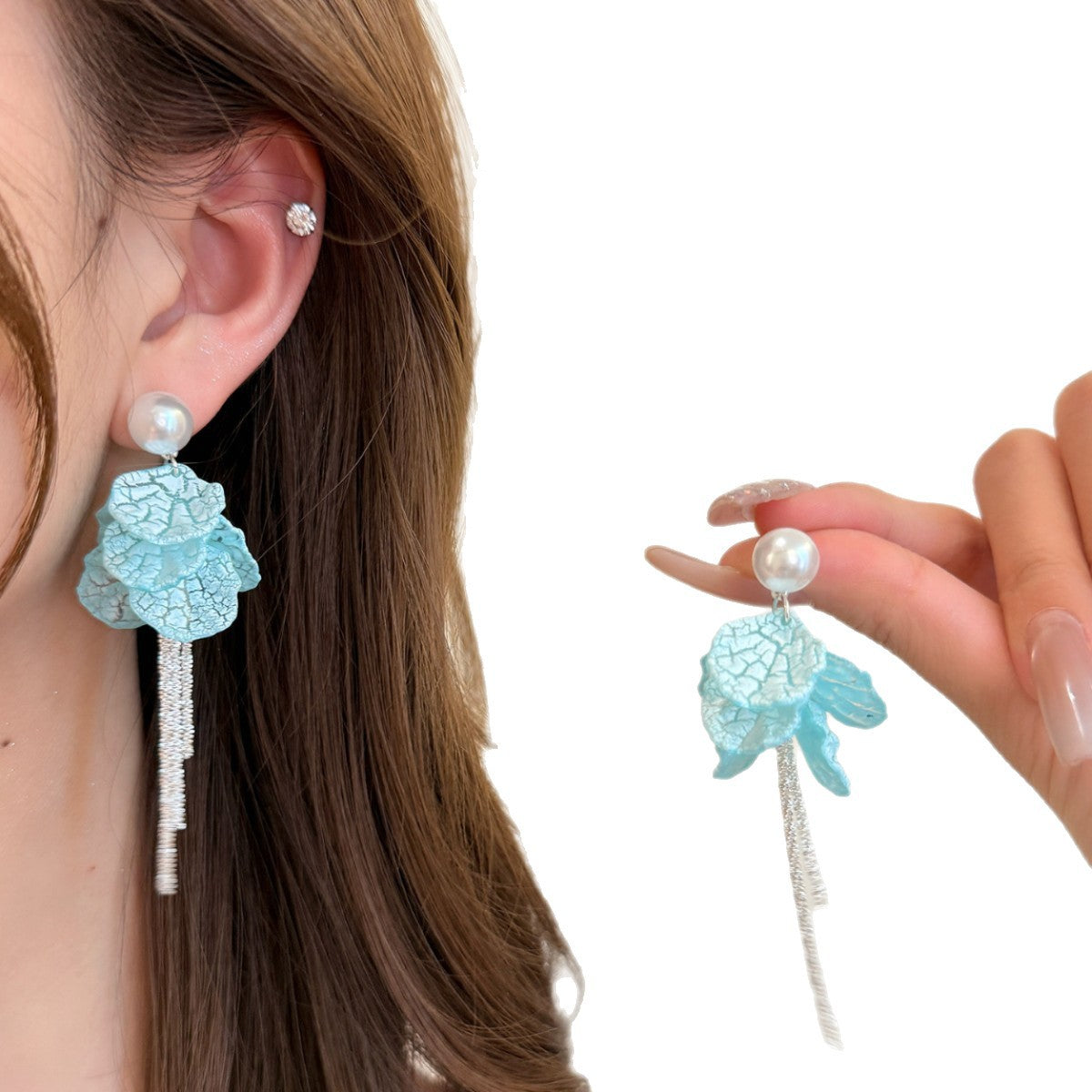 Summer Wind Chimes French Vacation Style Blue Petal Fringed Seaside Earrings