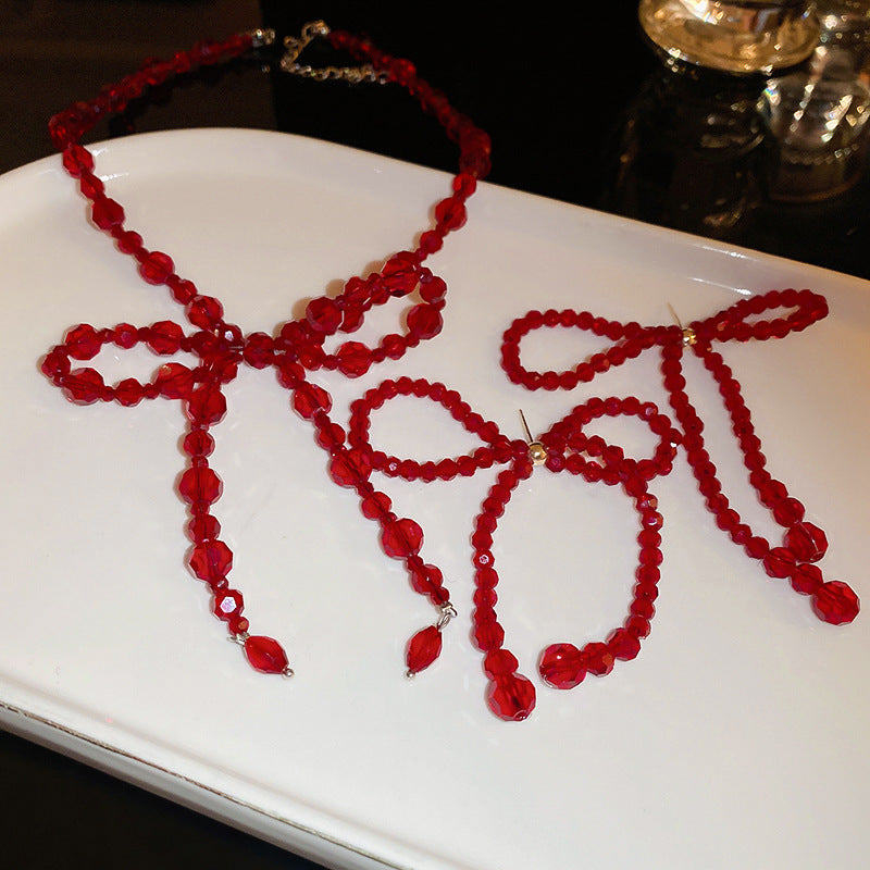 Women's Vintage Red Crystal Bow Tassel Sier Earrings