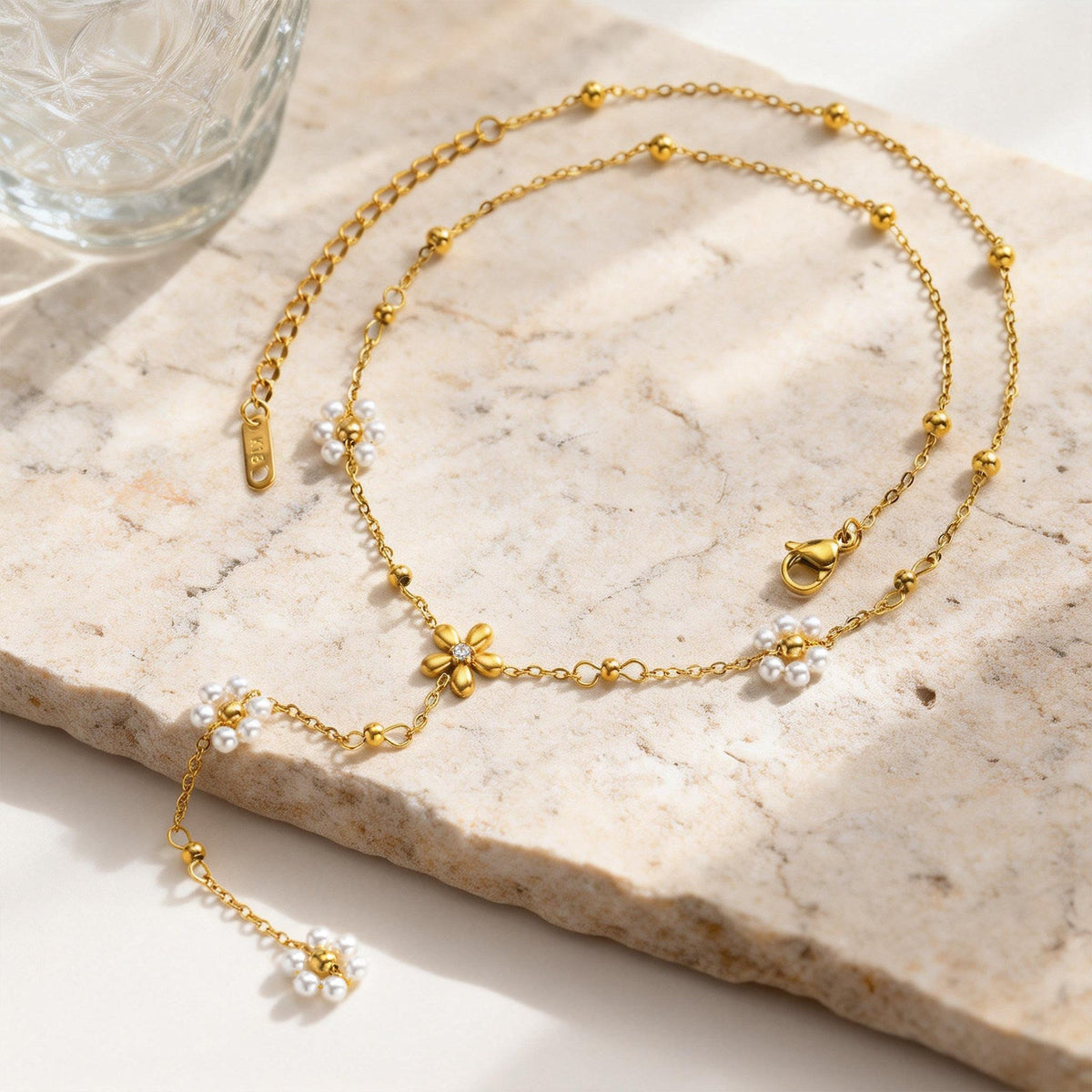 Women's Stainless Steel Flower Pearl Y-shaped Gold Clavicle Chain Necklace