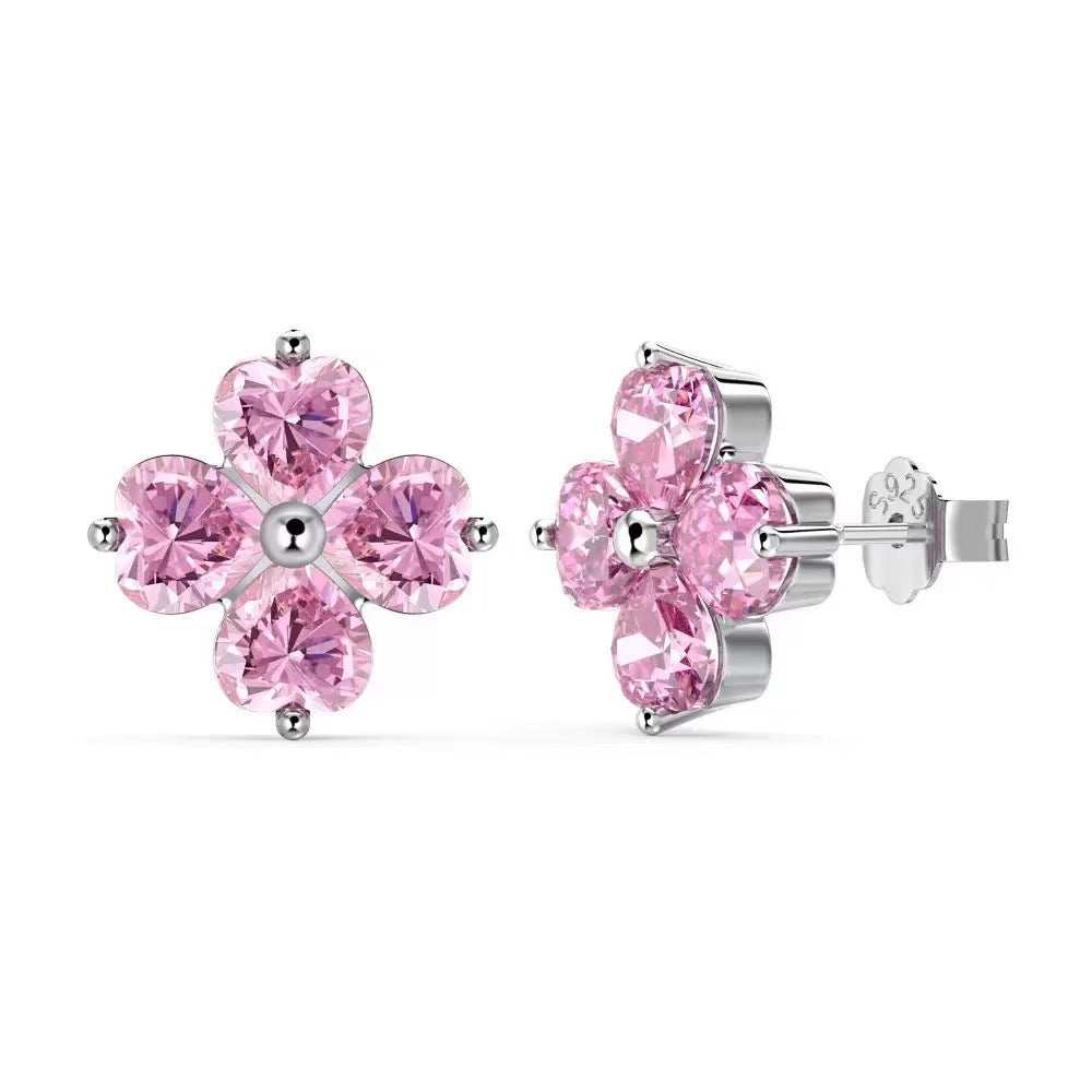 Women's Sier Female Clover Loving Heart Zircon Inlaid Exquisite Jewelry Set