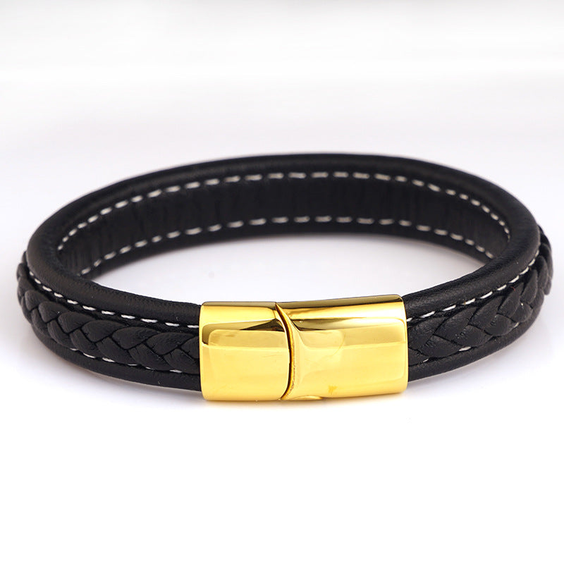 Men's Steel Stainless Magnetic Snap Genuine Leather Rope Bracelets