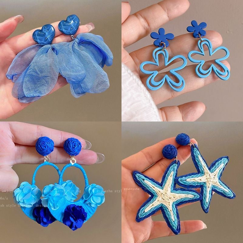 Summer Super Fairy Vacation Style Blue Flower Tassel Fashion Elegant Rings