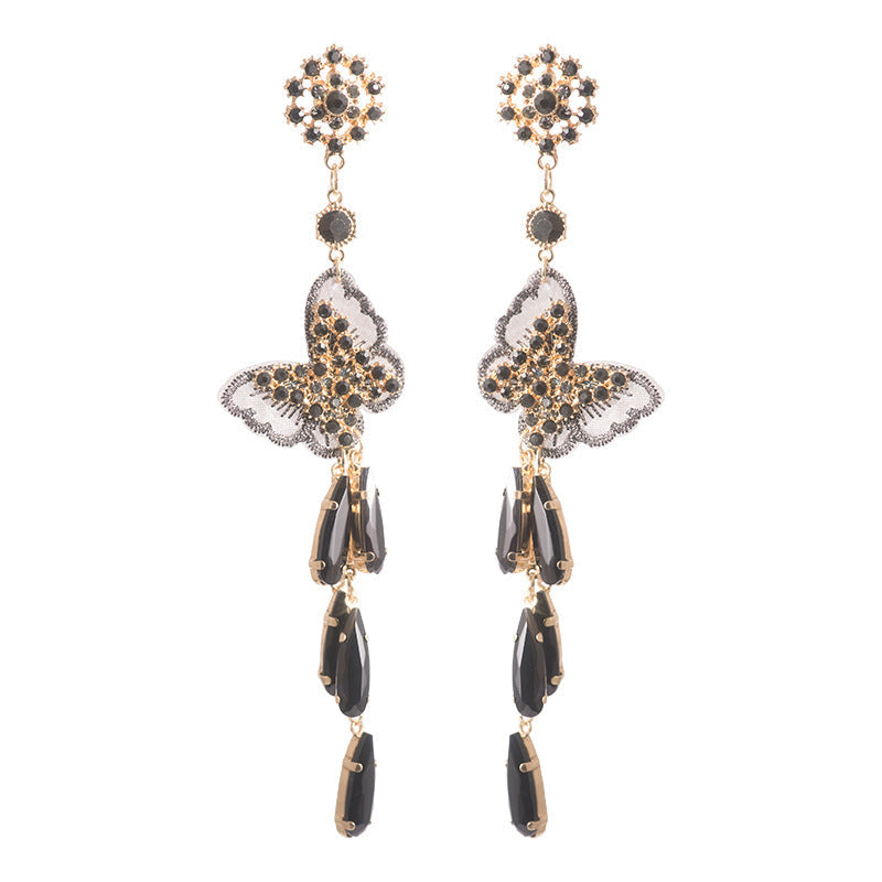 Black Butterfly Long Tassel Crystal Temperament Earrings