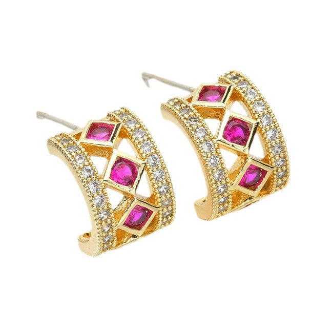Commute Matching Lightly Mature Metal Circle Hollow Zircon Inlaid Stud Earrings