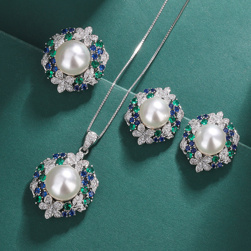 Emerald Sunflower Pearl Inlaid Advanced Shell Jewelry Set