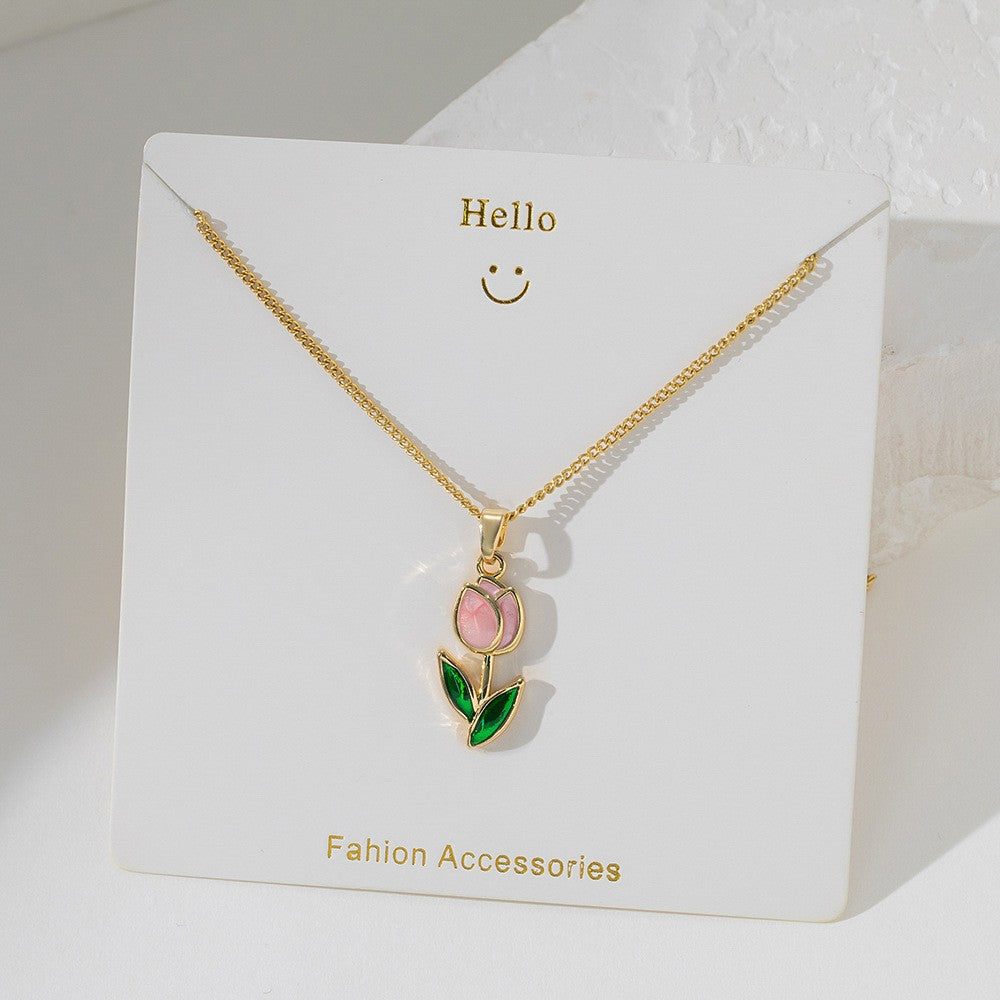 Steel Female Micro Inlaid Pink Diamond Necklace