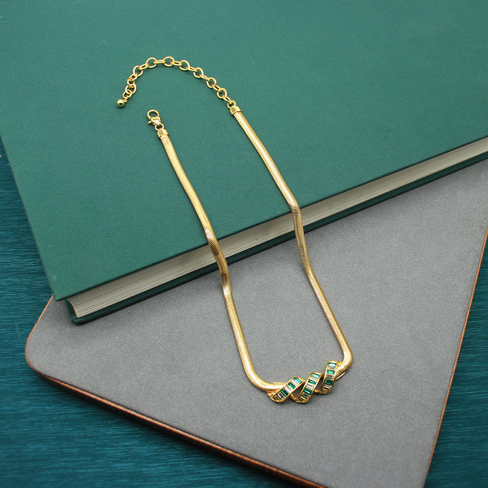 Snake Bones Chain Green Zircon Shaped Copper Plated Gold Light Necklaces