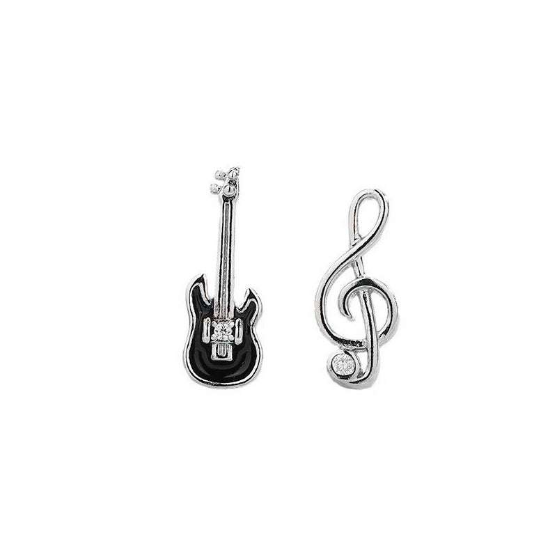 Cute Guitar Note Ear Design Sense Rhinestone Asymmetric Musical Instrument Stud Earrings