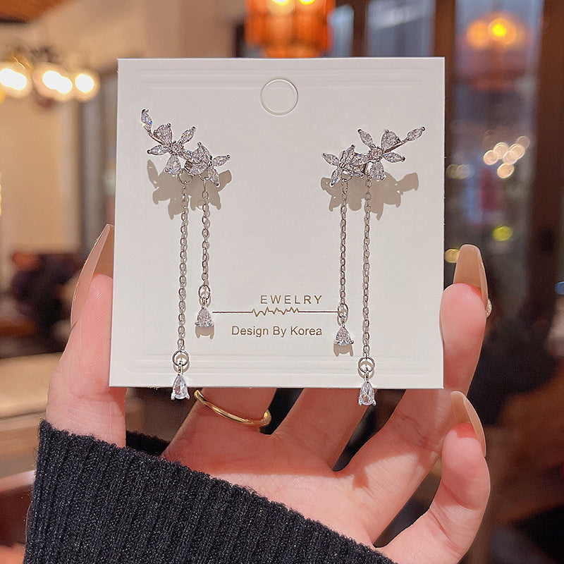 Women's Sier Needle Long Fringed Zircon For Trendy Light Earrings