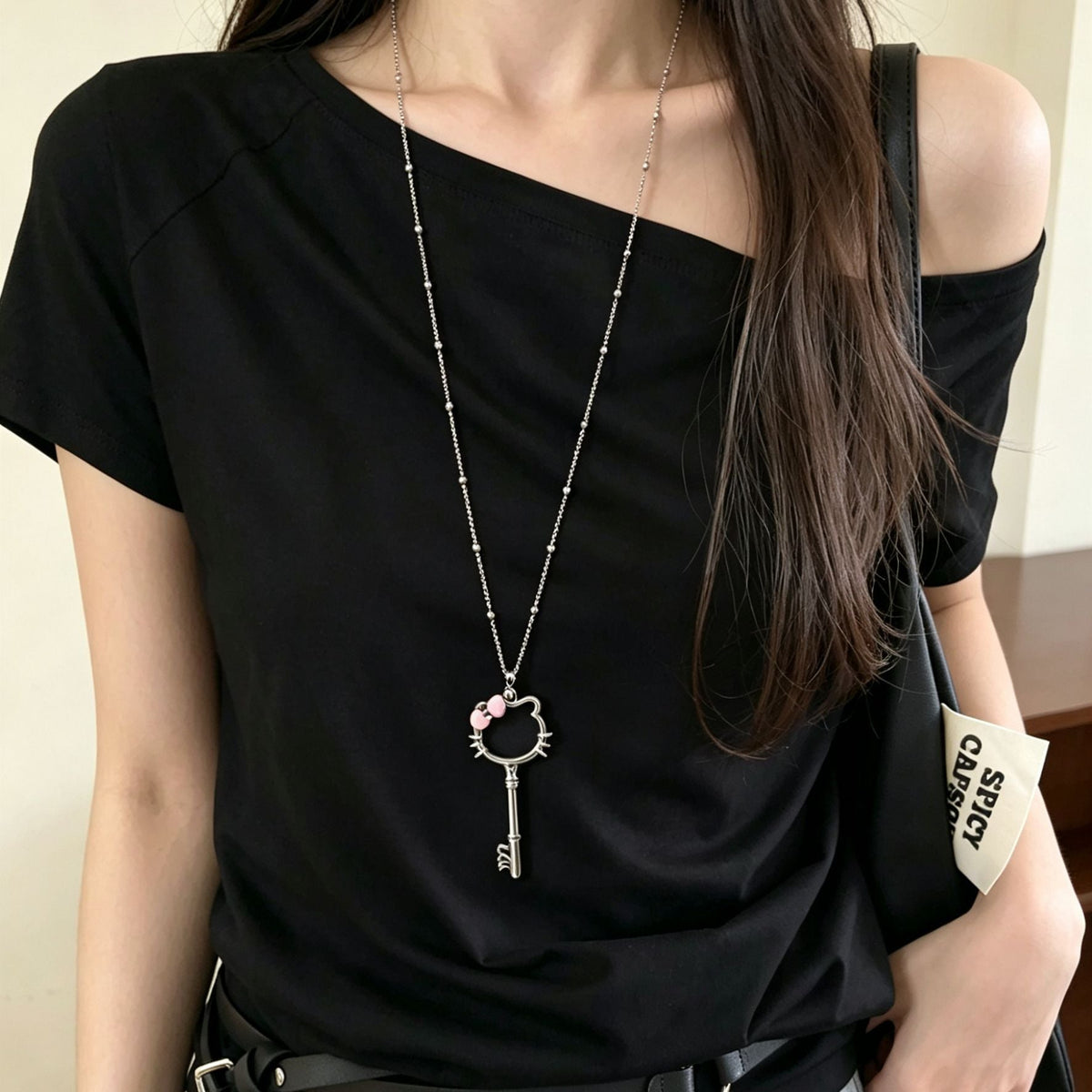 Cat Key Titanium Steel Long Female Sweet Design Stainless Sweater Necklace