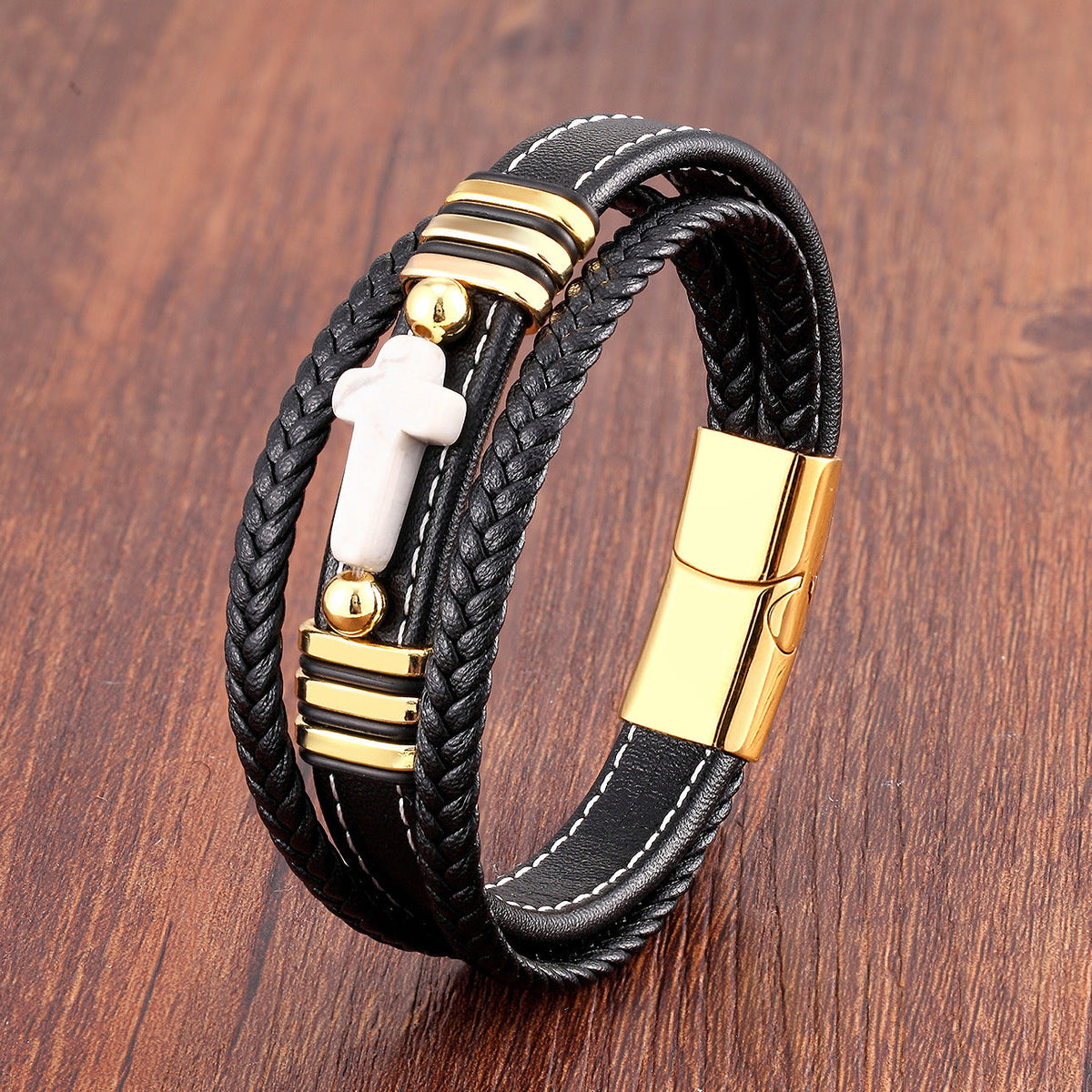 Men's Woven Leather Vintage Stone Cross Stainless Steel Bracelet
