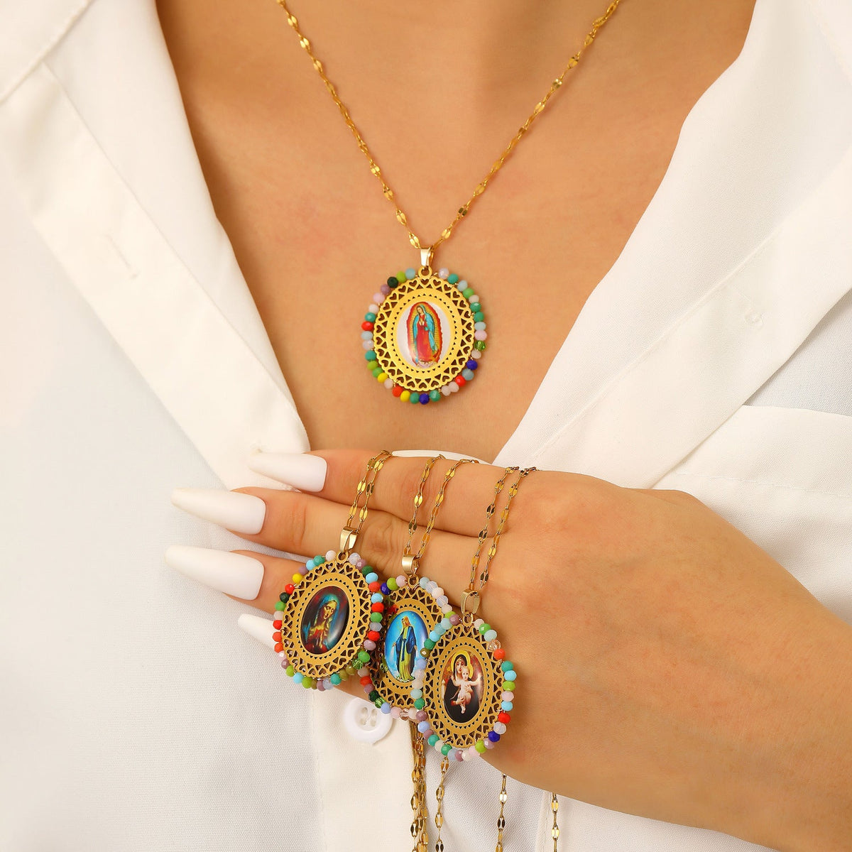 Stainless Steel Color Crystal Virgin Portrait Hollow Oval Necklaces