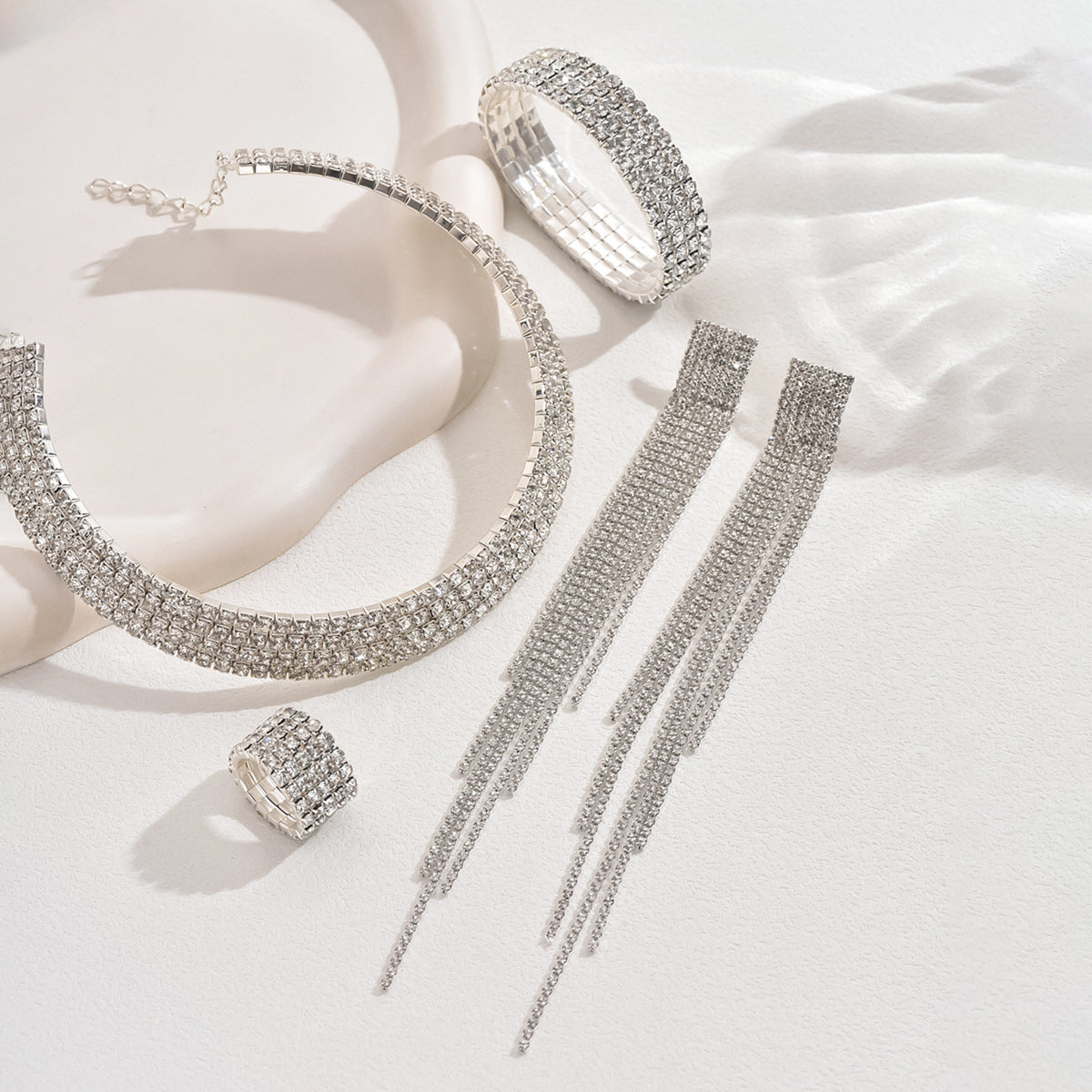 Rhinestone Tassel Stretch Bridal Formal Dress Jewelry Set