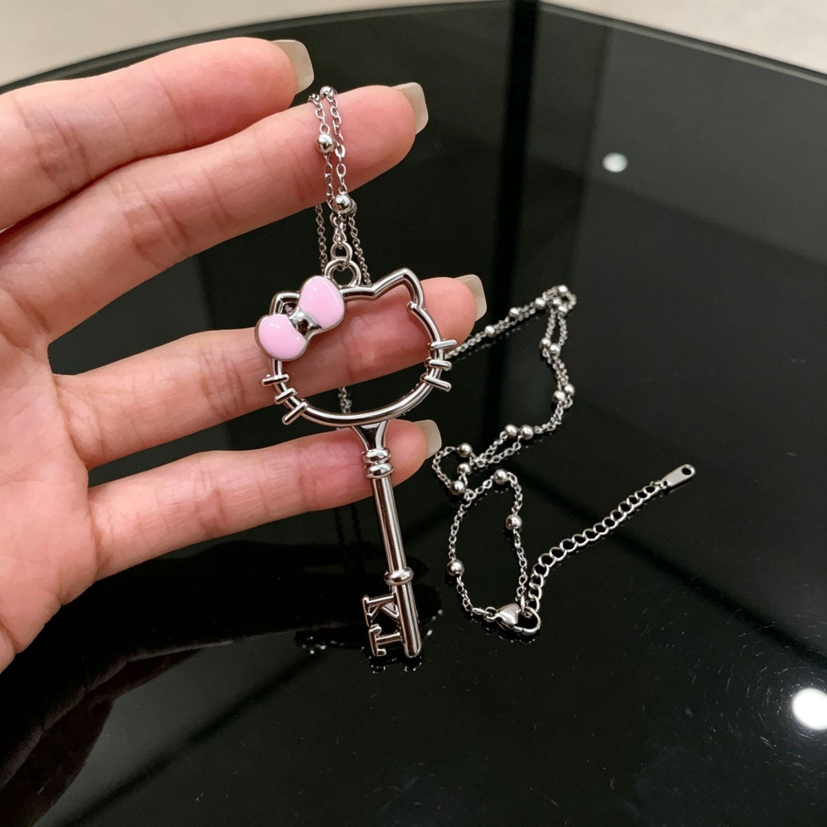 Cat Key Titanium Steel Long Female Sweet Design Stainless Sweater Necklace