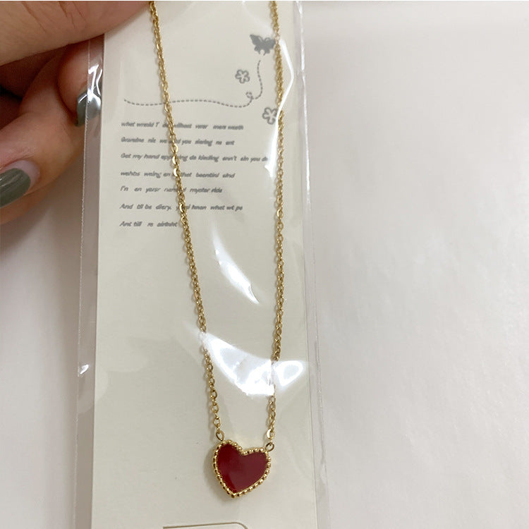 Women's Steel Double-sided Little Red Heart Shell Design Simple Green Clavicle Necklaces