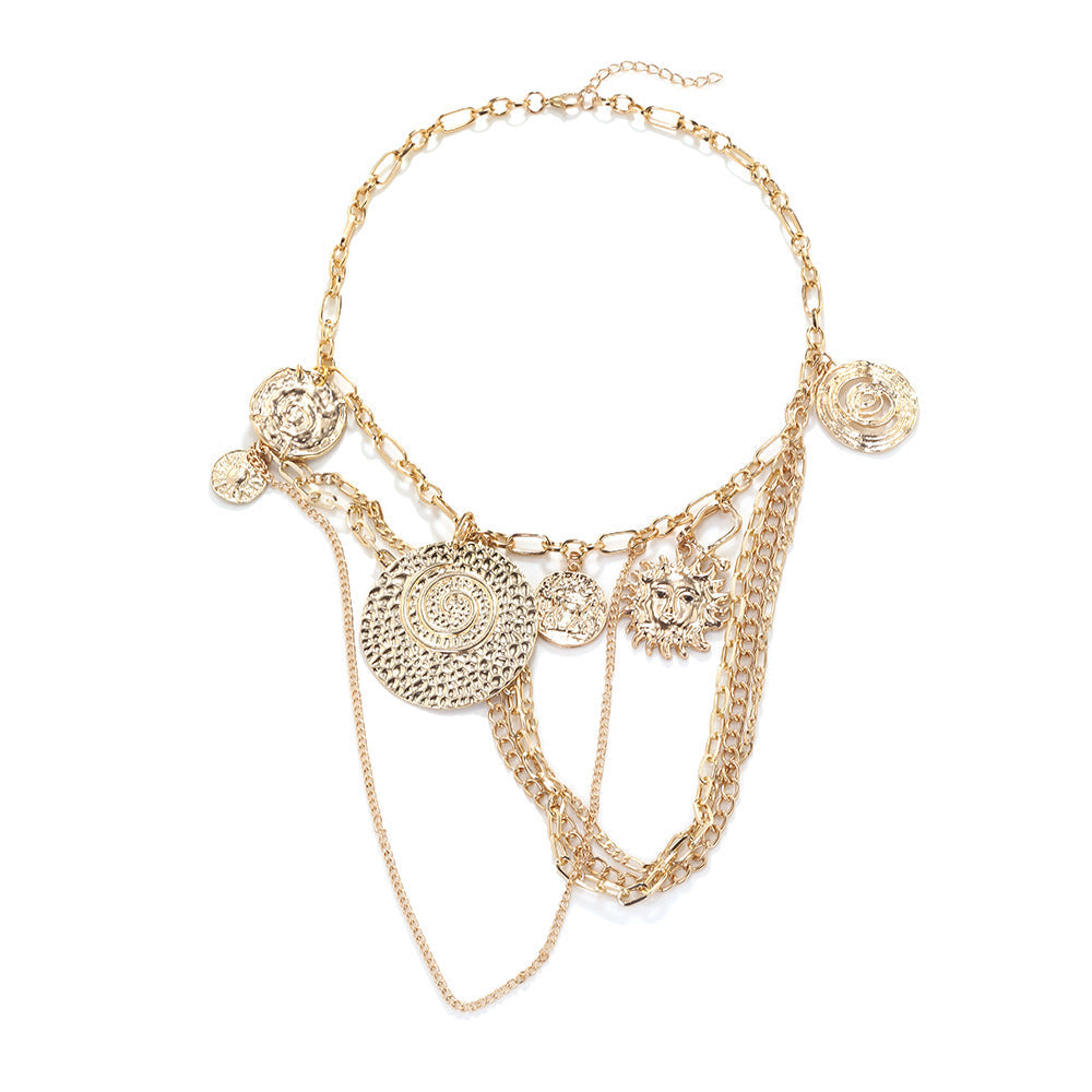 Exaggerated Design Twin Geometric Coin Sun Element Niche Necklace