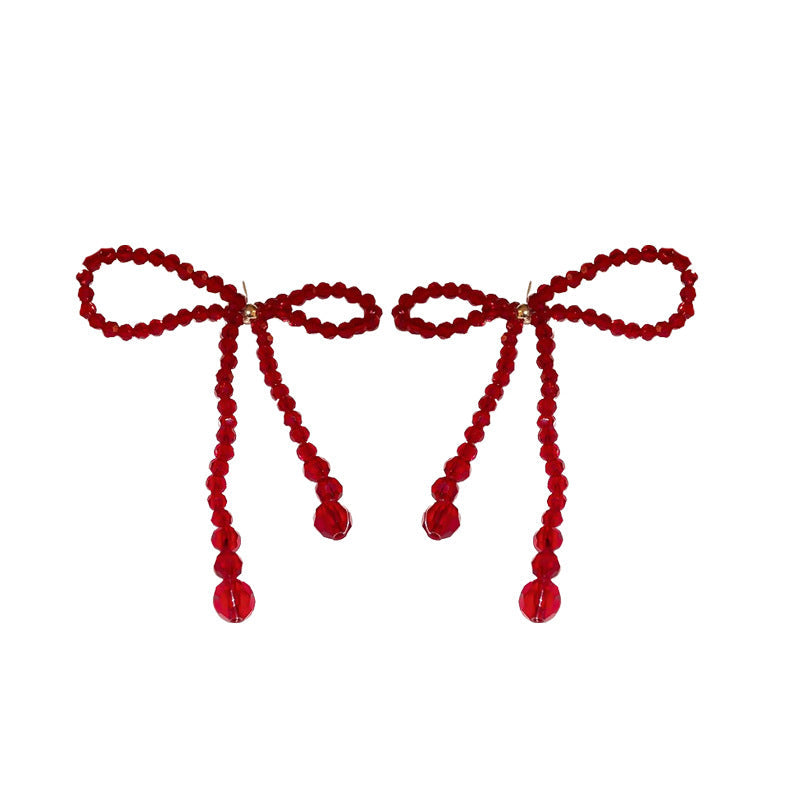 Women's Vintage Red Crystal Bow Tassel Sier Earrings