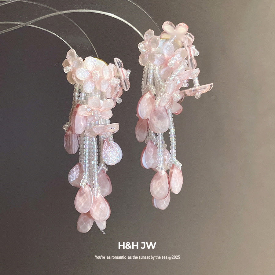 Tea Sweet Pink Flower Beaded Tassel Rings