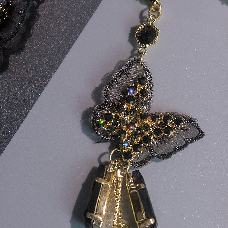 Black Butterfly Long Tassel Crystal Temperament Earrings