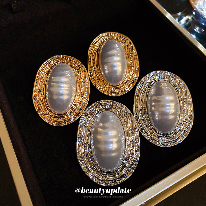 Pleated Striped Oval Pearl Retro Fashion High Sense Exaggerated Personalized Earrings