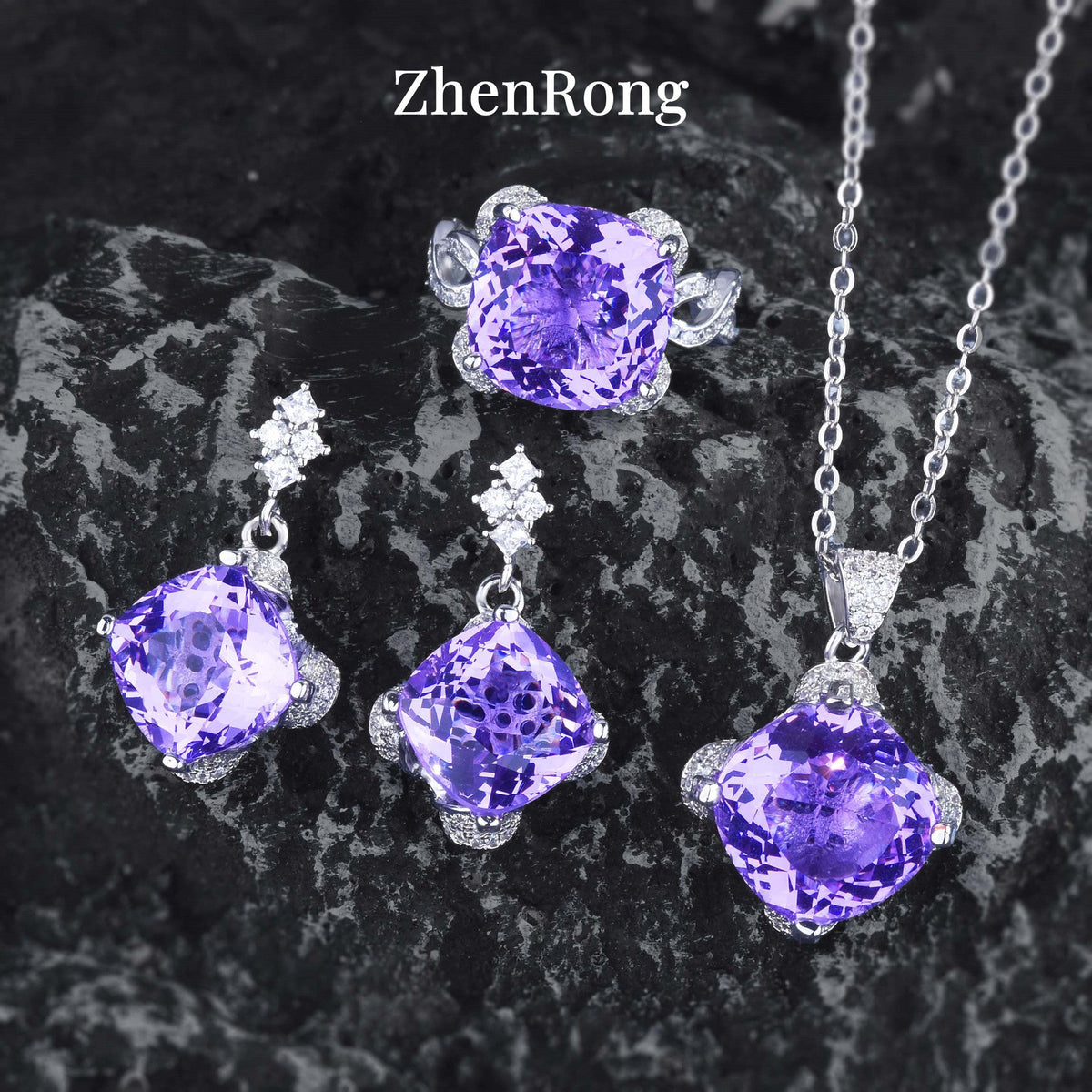 Carat Square Colored Gems Violet Yellow Jewelry Set
