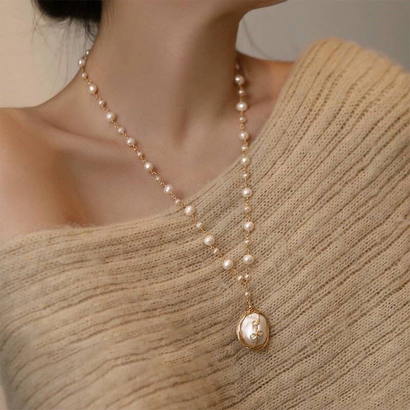 Women's Baroque Pearl Hand-woven Long Sweater Chain Necklaces