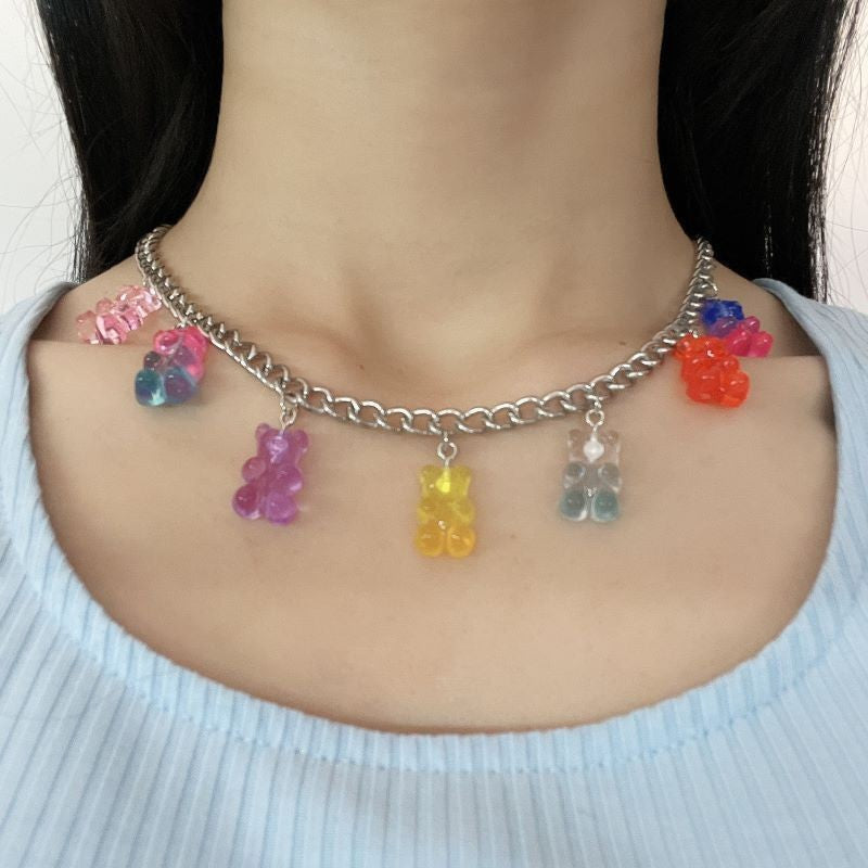 Pink Acrylic Transparent Cartoon Bear Neck Necklace