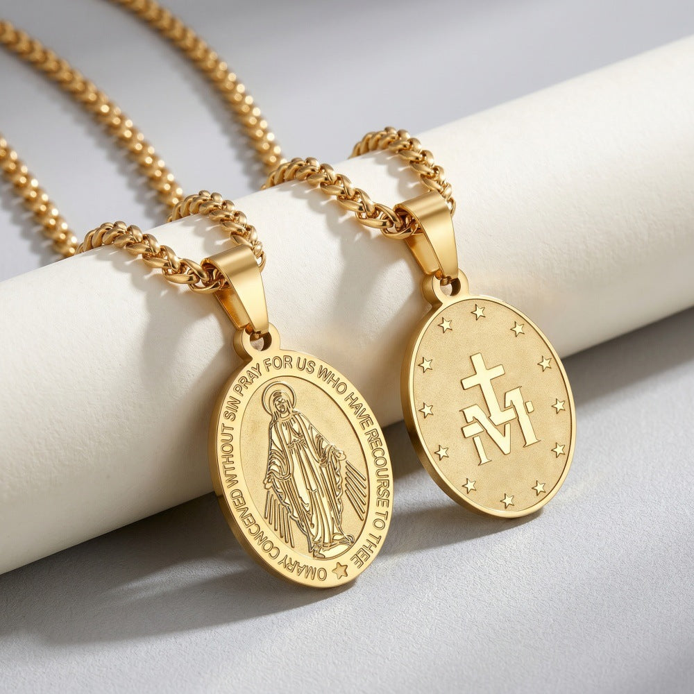 Women's & Men's Double-sided Portrait Medal Cross Stainless Steel Pendant