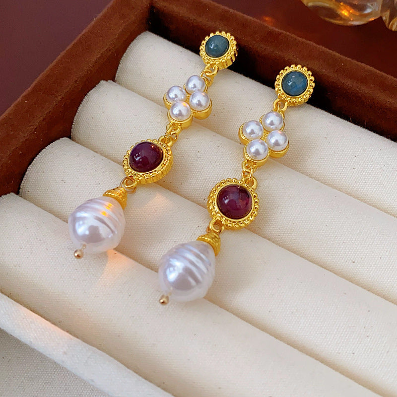 Sier Needle Flower Ear Retro Easy Matching Sweater Chain Exquisite Jewelry Set