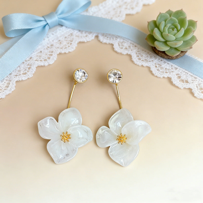 Style Fairy Rhinestone Pearl Resin Flower High-grade Fashionable Earrings