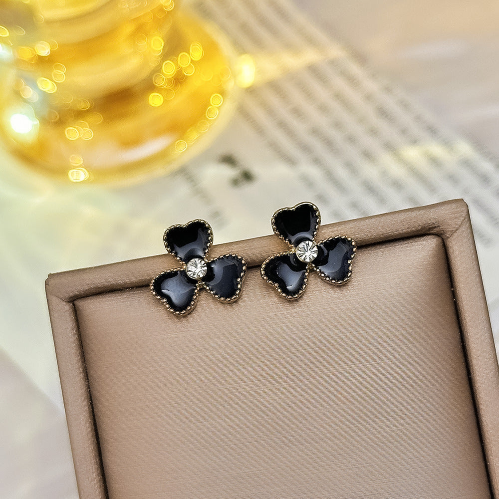 Sier Black Oil Dripping Flower Ear Korean Simple Elegant High-grade Stud Earrings