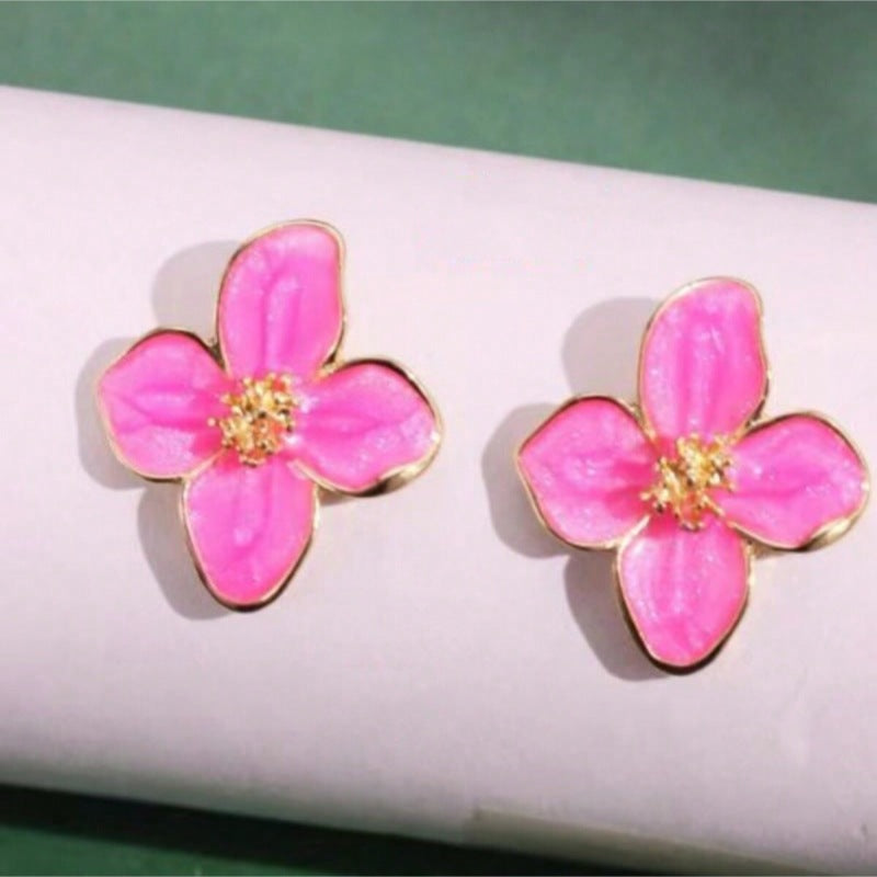 Roselle French Style Retro Drip Glazed Red Flower Three-dimensional Small Rings