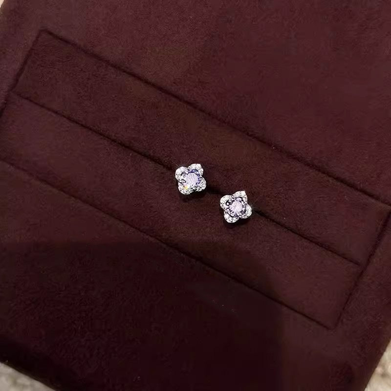 Fresh Nine Purple Ear Style Four Leaves Clover Eardrops Live Stud Earrings