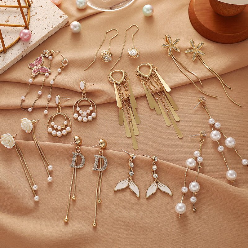 Tassel High-grade Sier Needle Metal Light Luxury Pearl Rings
