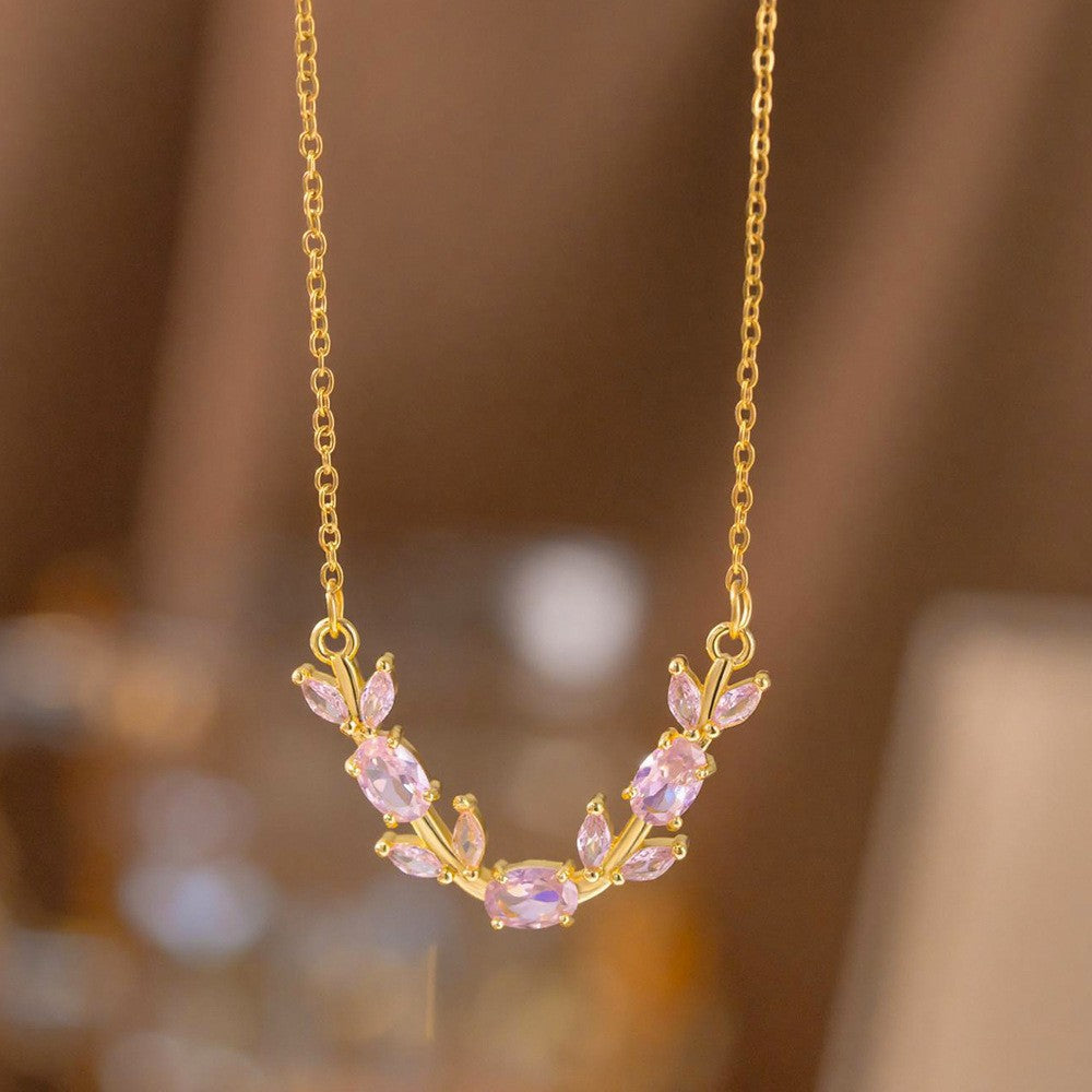 Steel Female Micro Inlaid Pink Diamond Necklace