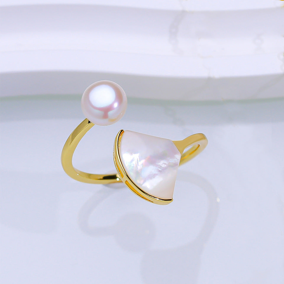 Skirt Natural Freshwater Pearl Ear Three-piece Suit Shell Fan-shaped Advanced Rings