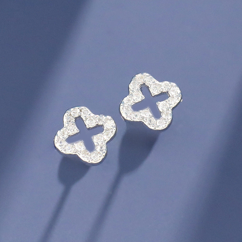Sier Full Diamond Hollow Out Four Leaf Clover Ear Female Earrings