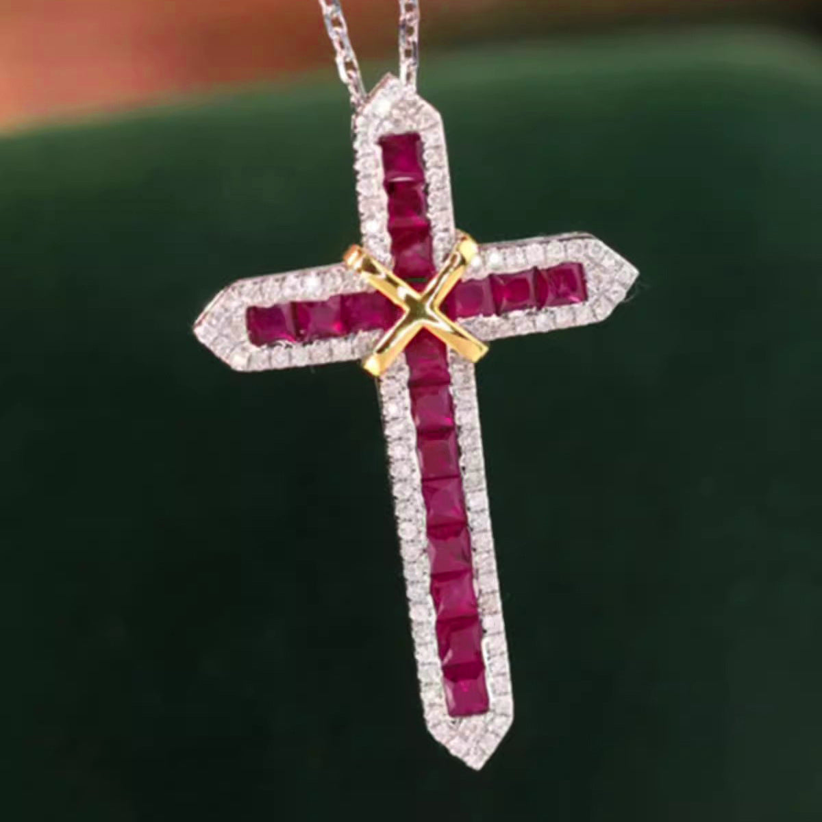 Women's Vintage Simulated Ruby Cross Diamond Red Corundum Colored Gems Necklaces