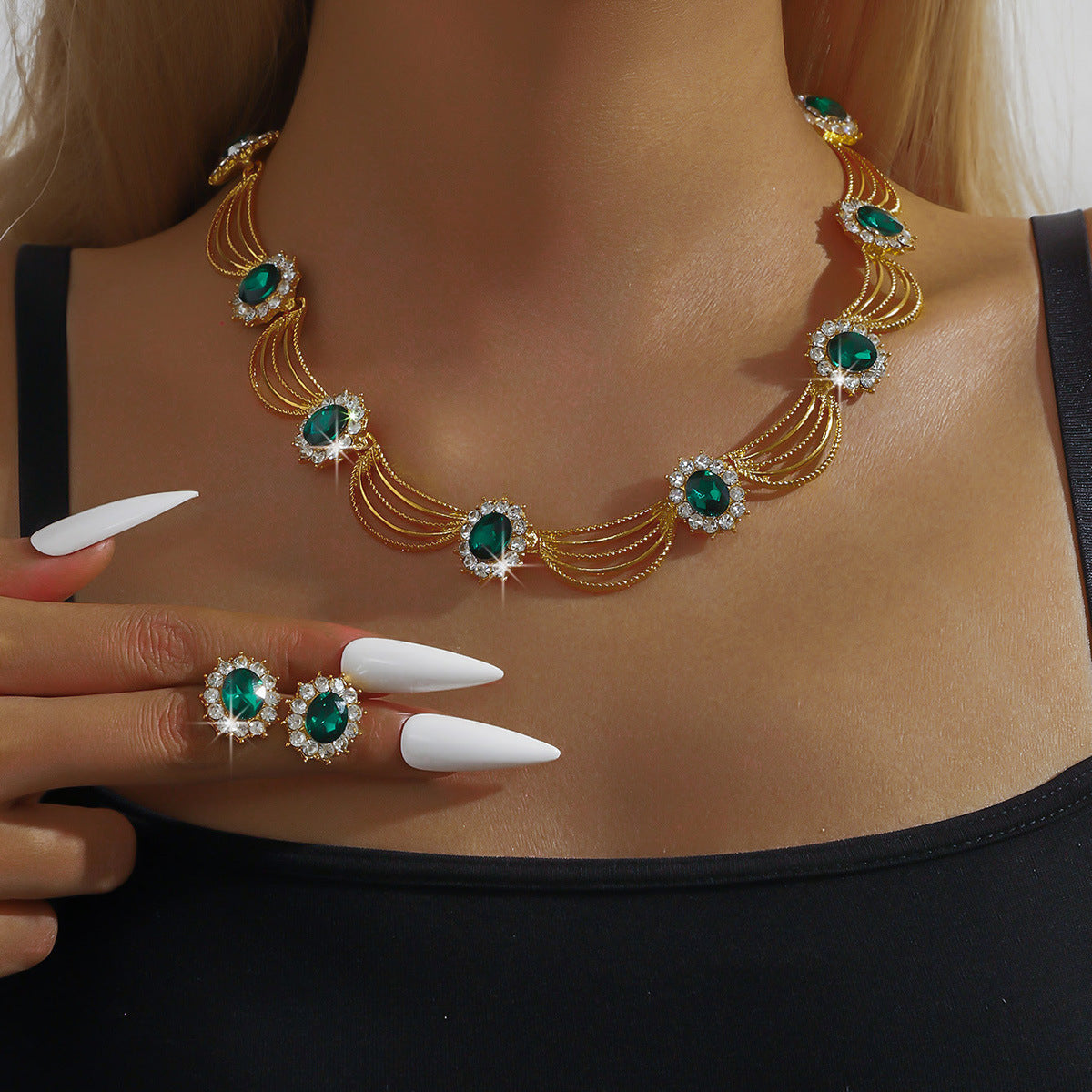 Bridal Wedding Suite Alloy Green Rhinestone Luxury Jewelry Set