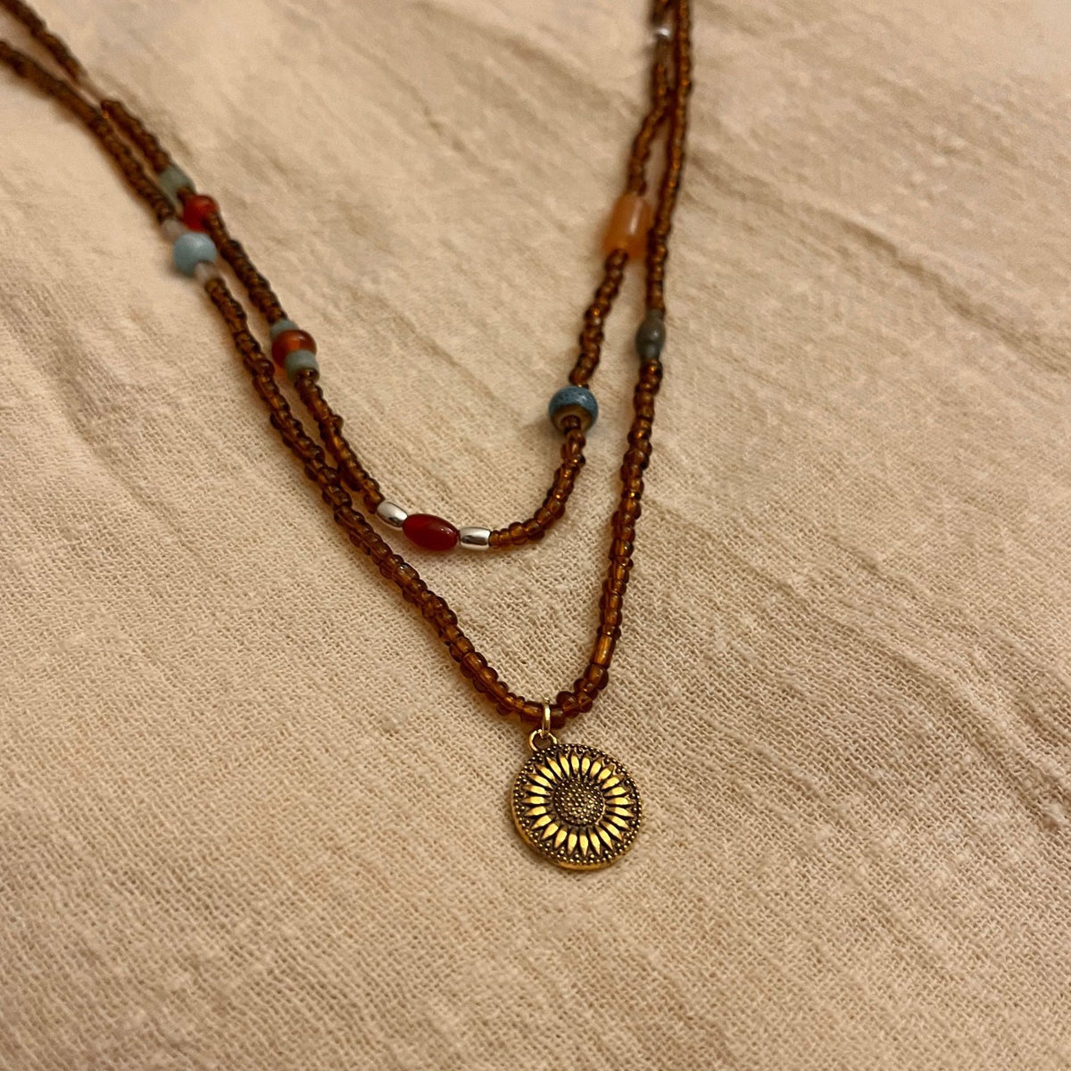 Chain Vintage Metal Sunflower Tag Natural Stone Brown Necklace