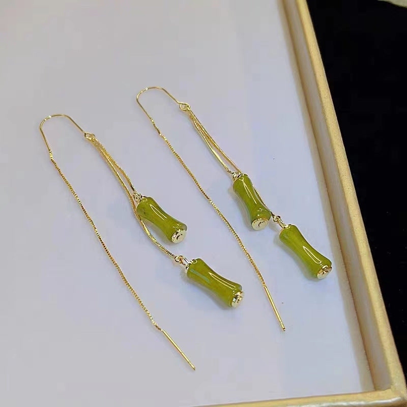 Long Style Green Bamboo Joint Female Tassel Niche Earrings